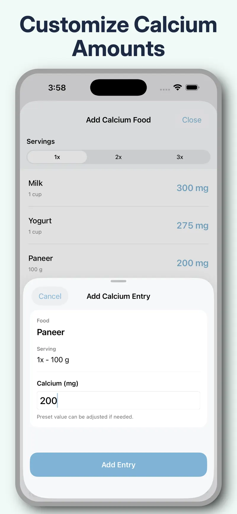 Bonely history view showing previous calcium intake entries